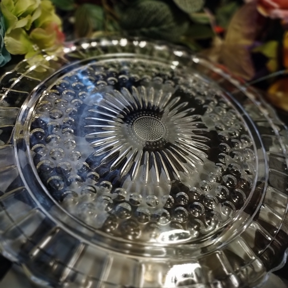 Vintage Clear Glass Thumbprint Sunflower three footed cake plate